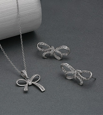 Bow Jewelry Holiday Gift Sterling CZ Bow Earrings Necklace For