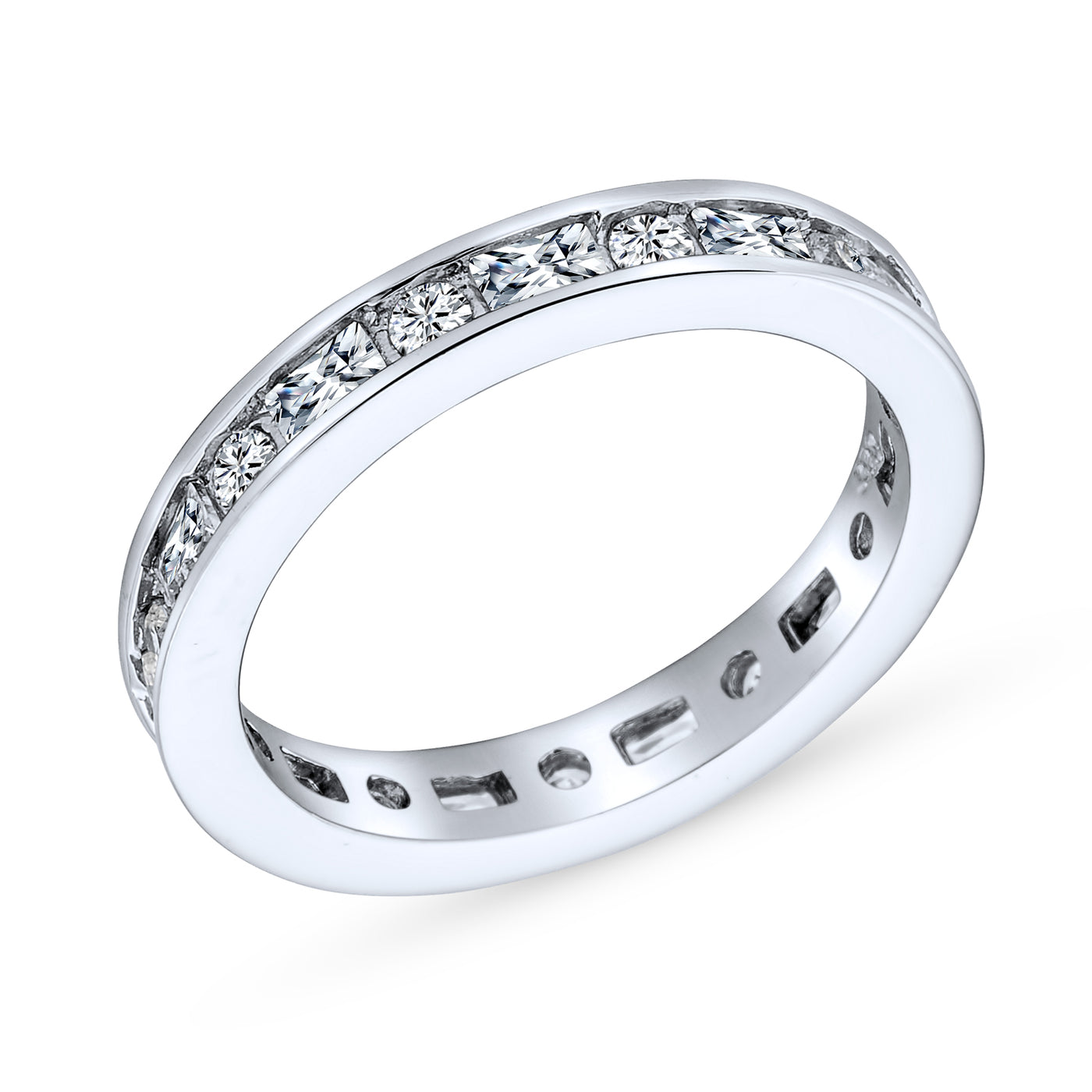 Thin Pave Baguette Eternity Wedding Band Ring .925 Sterling Silver 2MM