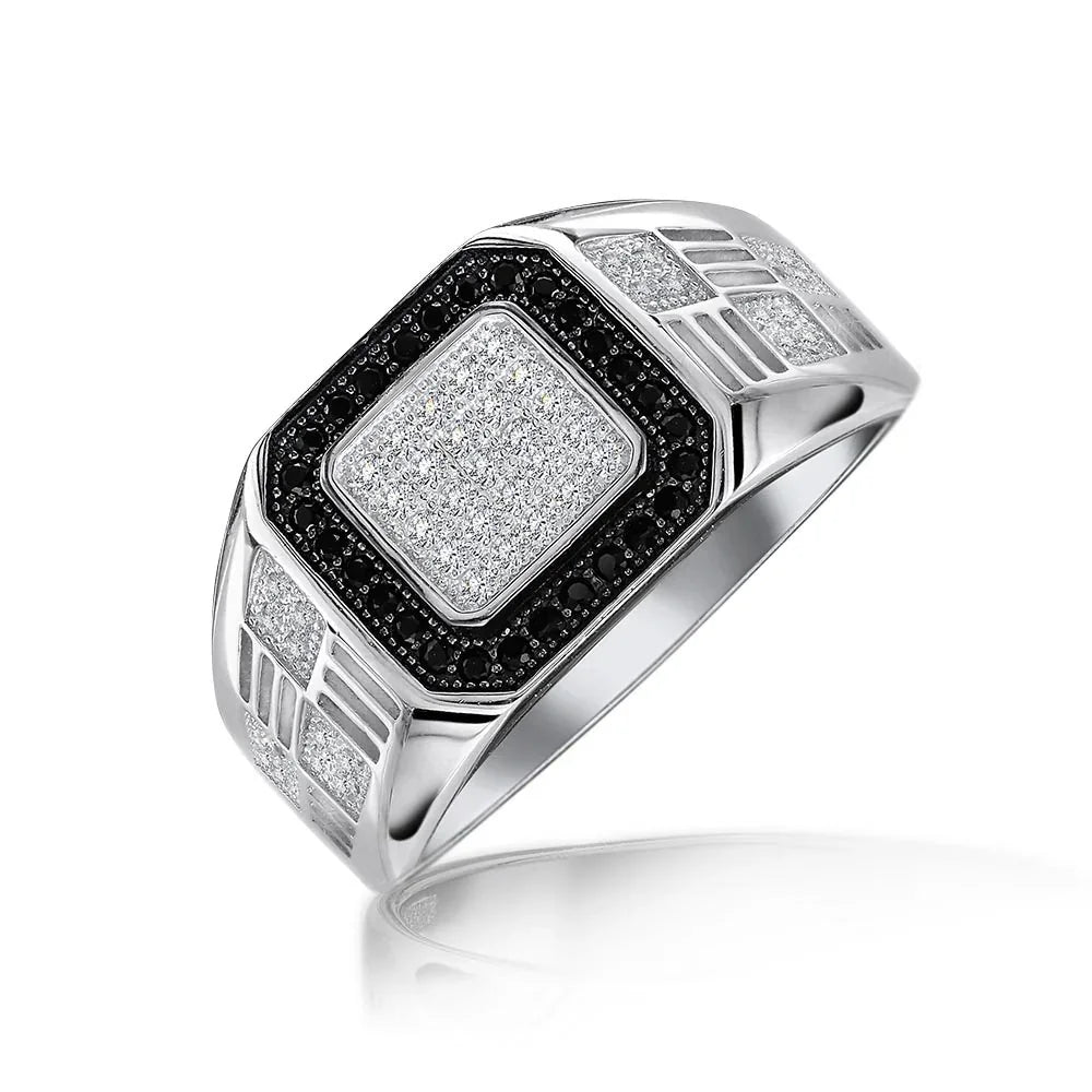 Mens Stainless Steel Geometric Micro Pave Halo Square CZ