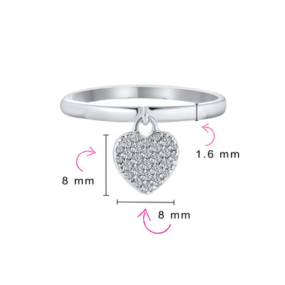 Delicate .925 Sterling Silver Pave Dangle Heart Charm Ring 1MM Band
