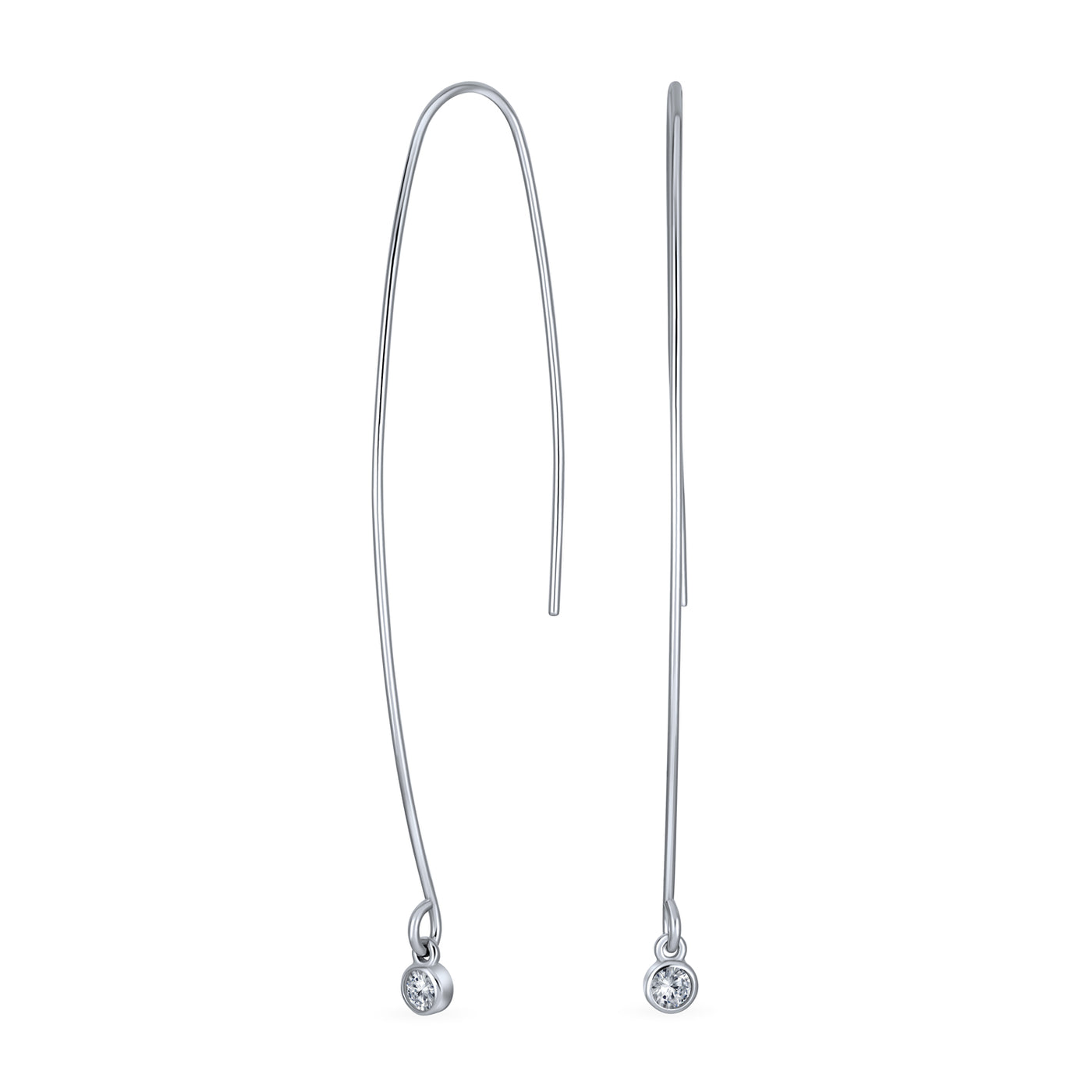 Long Curved Wire Threader Earrings Dangle Bezel Round Sterling Silver