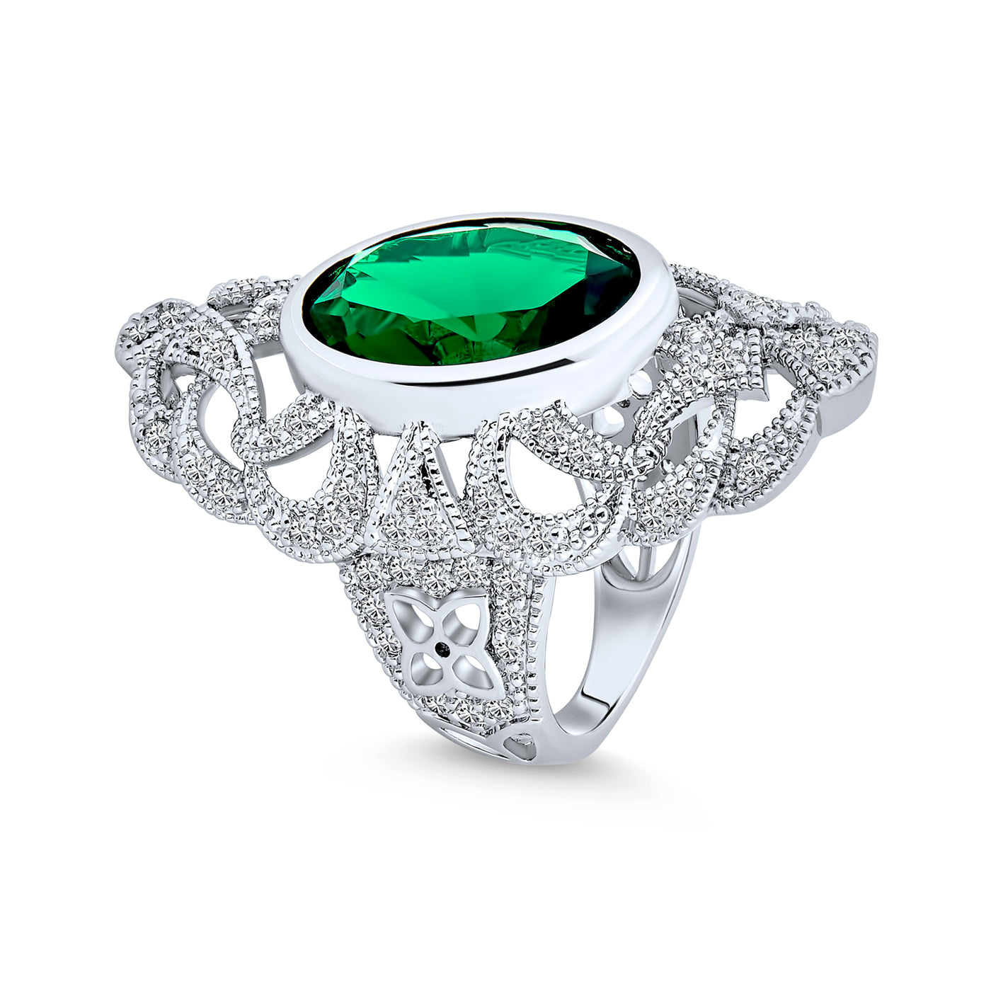 Green Armor Full Finger Ring Imitation Emerald CZ Silver Plated