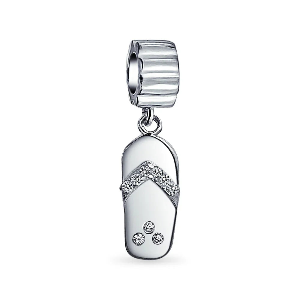 Tropical Beach Flip Flop Sandal Charm Bead with CZ Accent in