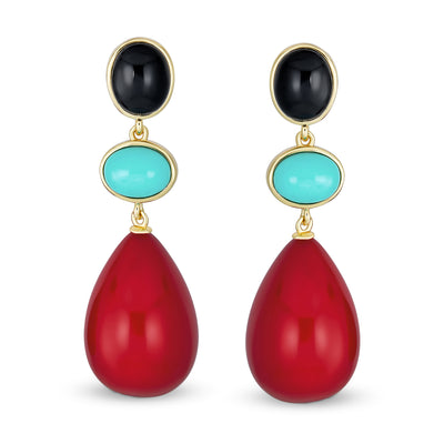 Gemstone Dangle Ball Teardrop Red Turquoise Earrings Gold Plated