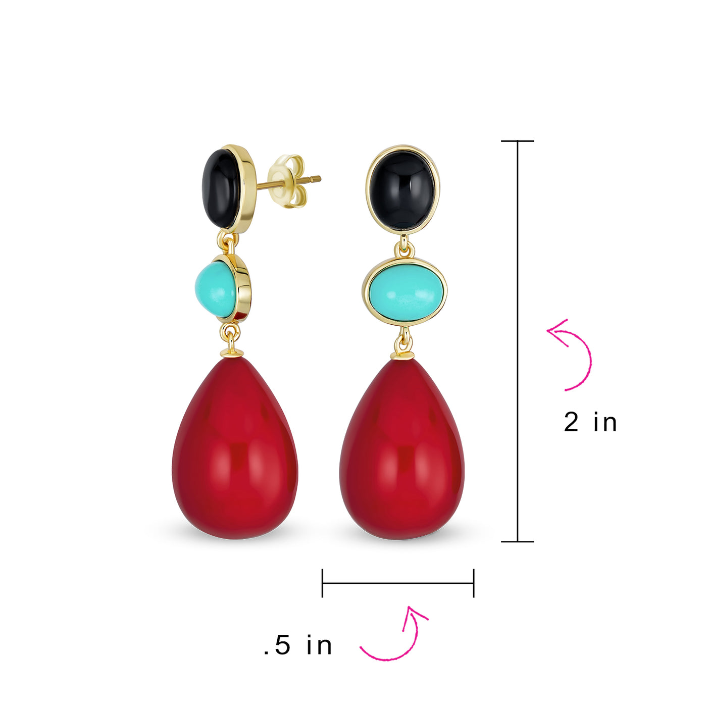 Gemstone Dangle Ball Teardrop Red Turquoise Earrings Gold Plated