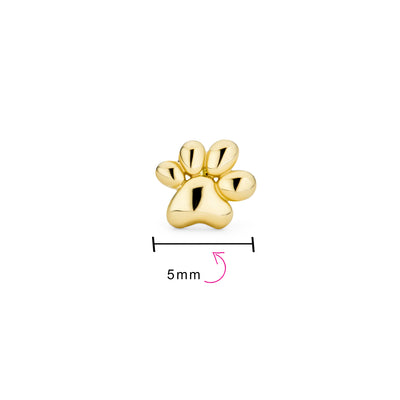 Tiny Dog Cat Paw Cartilage 1 Piece Stud Earring 14K Gold Screwback