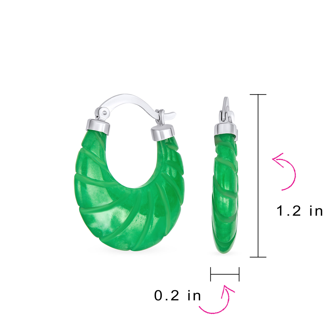 Jade Gemstone Carved Shrimp Oval Green Jade Hoop Earrings .925 Silver