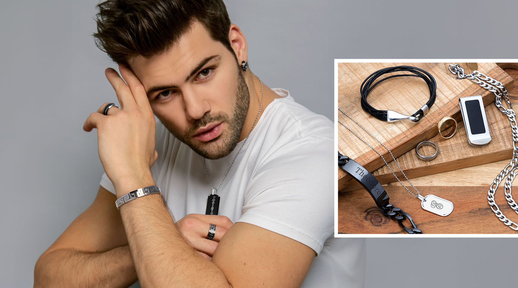 male model posing with jewelry