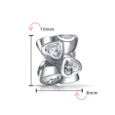 White CZ Cluster Bezel Set Hearts Spacer Charm Bead Sterling Silver