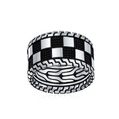 Men's Two Tone Black Silver Check Board Ring Band Solid .925 Silver