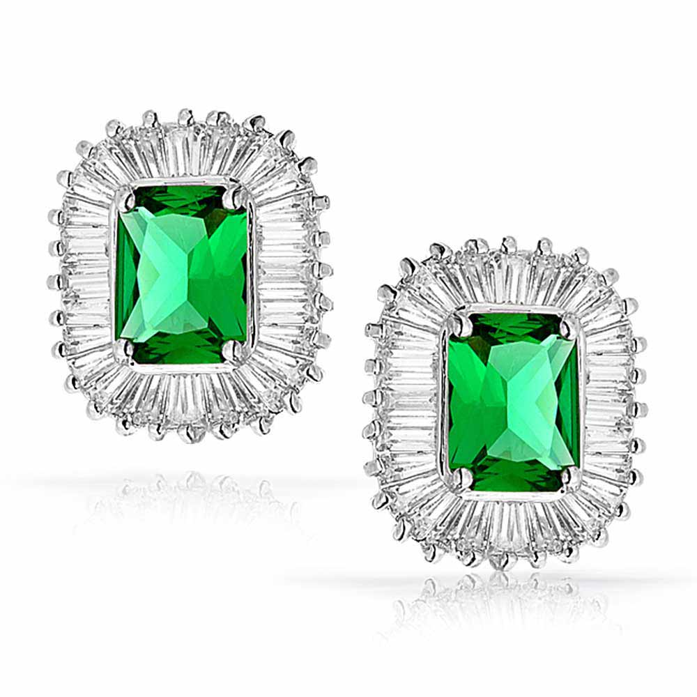 Green Rectangle CZ Halo Imitation Emerald Stud Earrings Silver Plated
