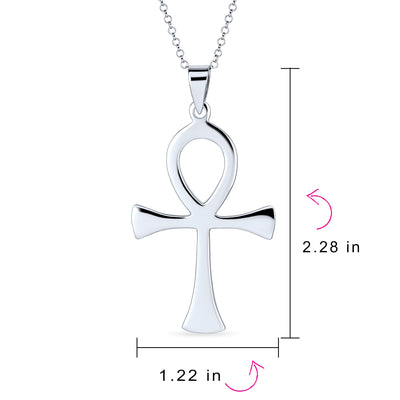 Mens Large Ankh Egyptian Cross Pendant .925 Sterling Silver Necklace 2.25 Inch