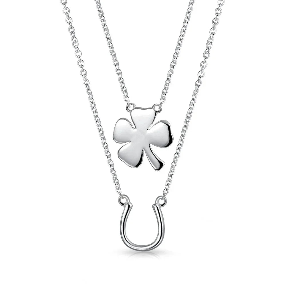 Layered Four Leaf Clover Shamrock Pendant Necklace Silver
