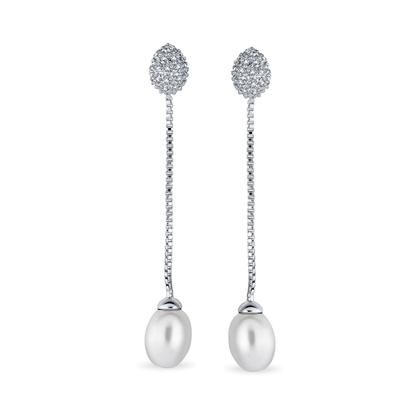 CZ White Freshwater Cultured Pearl Chain Dangle Earrings Silver Plate