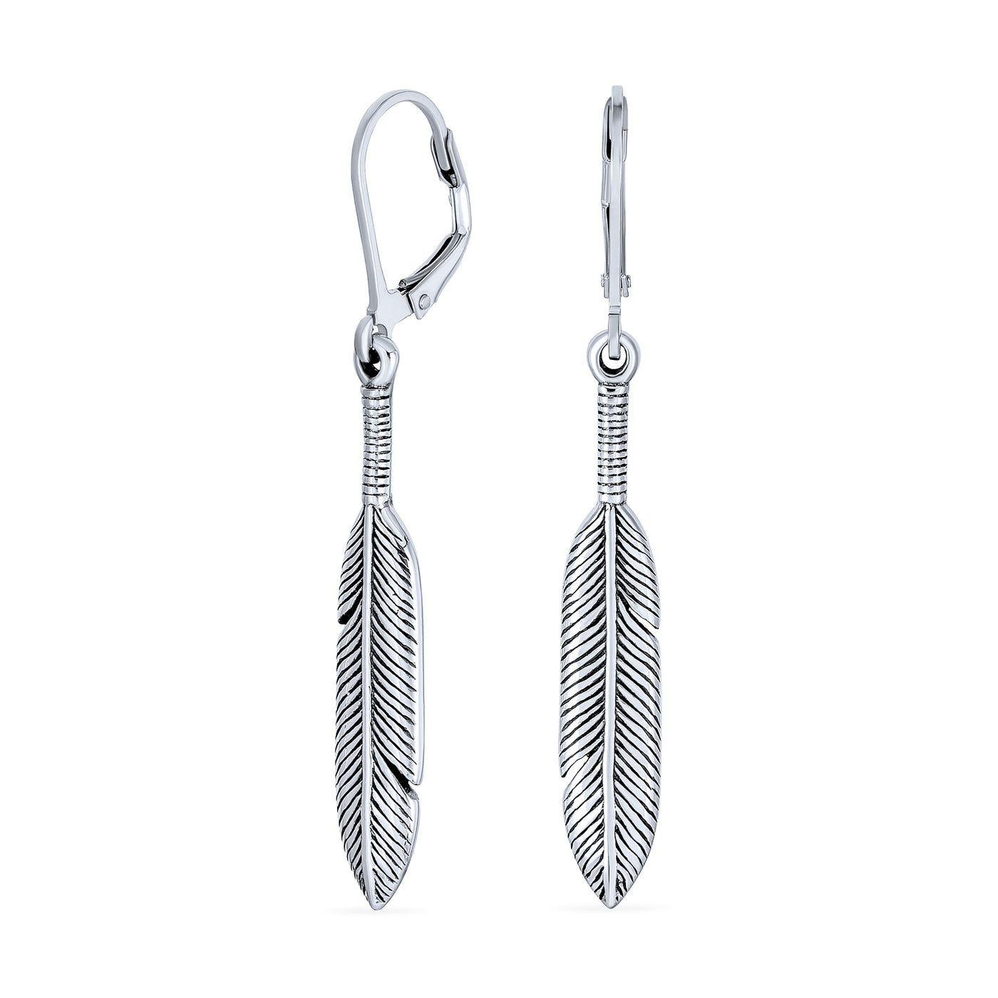 Western Native American Style Leaf Feather Dangle Earrings .925 Silver