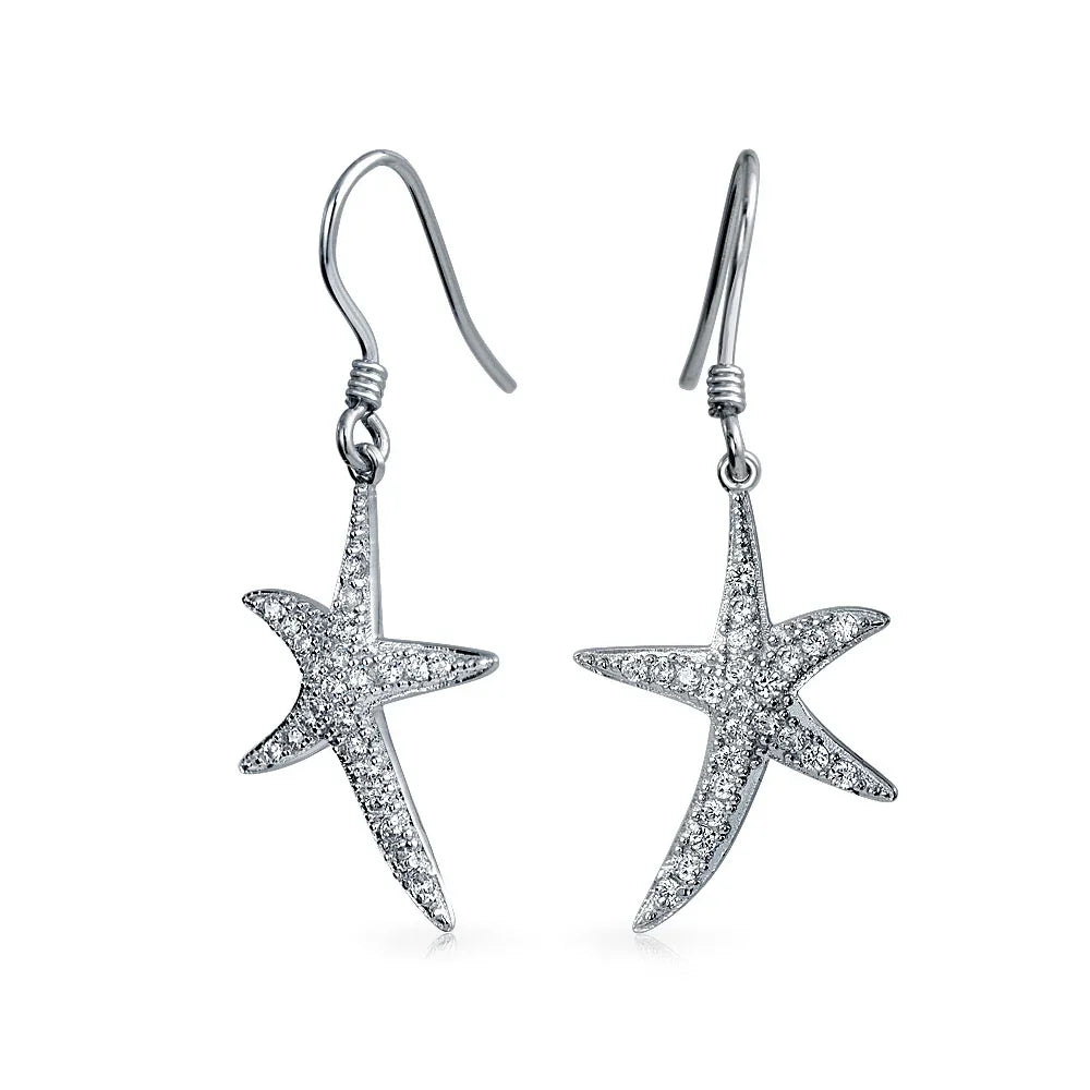 Nautical Starfish Dangle Chandelier Earrings with CZ Pave in