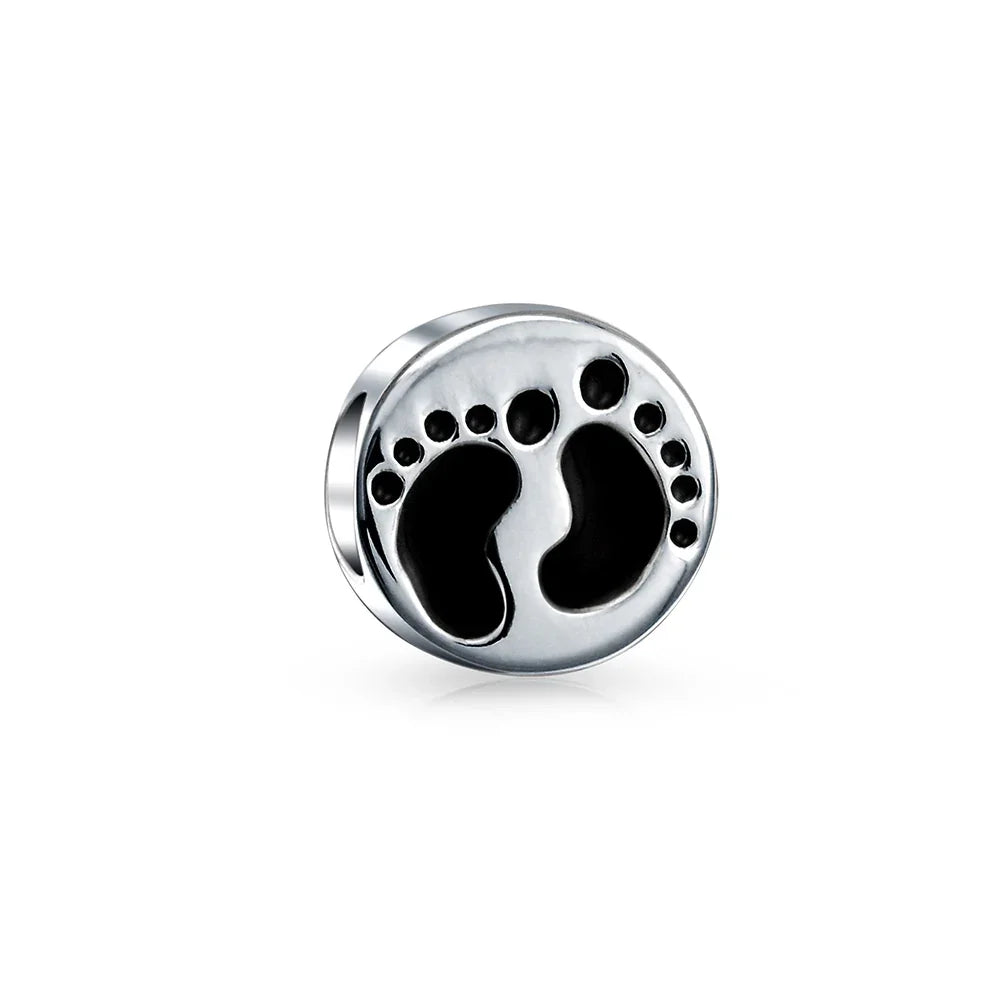 Tiny Feet Footprints Charm Bead for New Mothers Sterling Silver