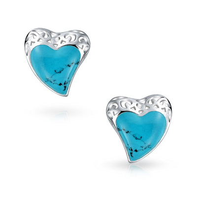 Filigree Enhanced Turquoise Heart Stud Earrings Sterling Silver