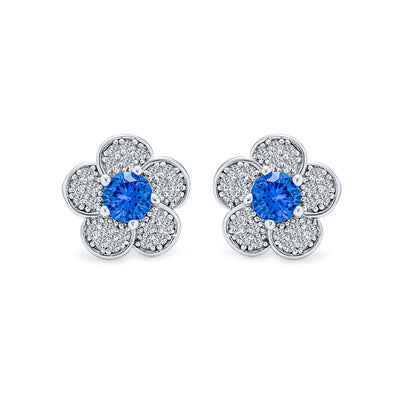 Flower Petals Pave CZ Stud Earrings Imitation Sapphire Silver Plated
