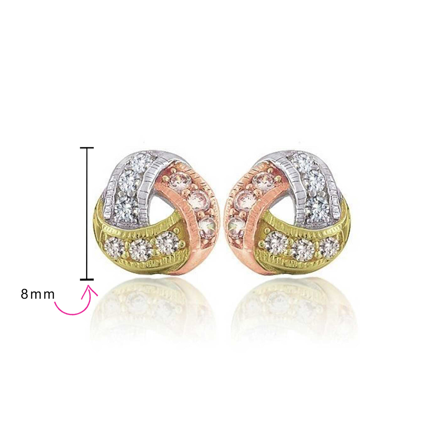Tri Color Twisted CZ Stud Earrings Rose Gold Plated Sterling Silver