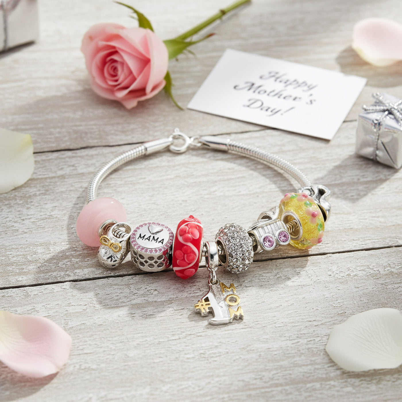 Word #1 Mom Wife Family Cheerleader Grandma Love Charm Bracelet Silver Snake Chain