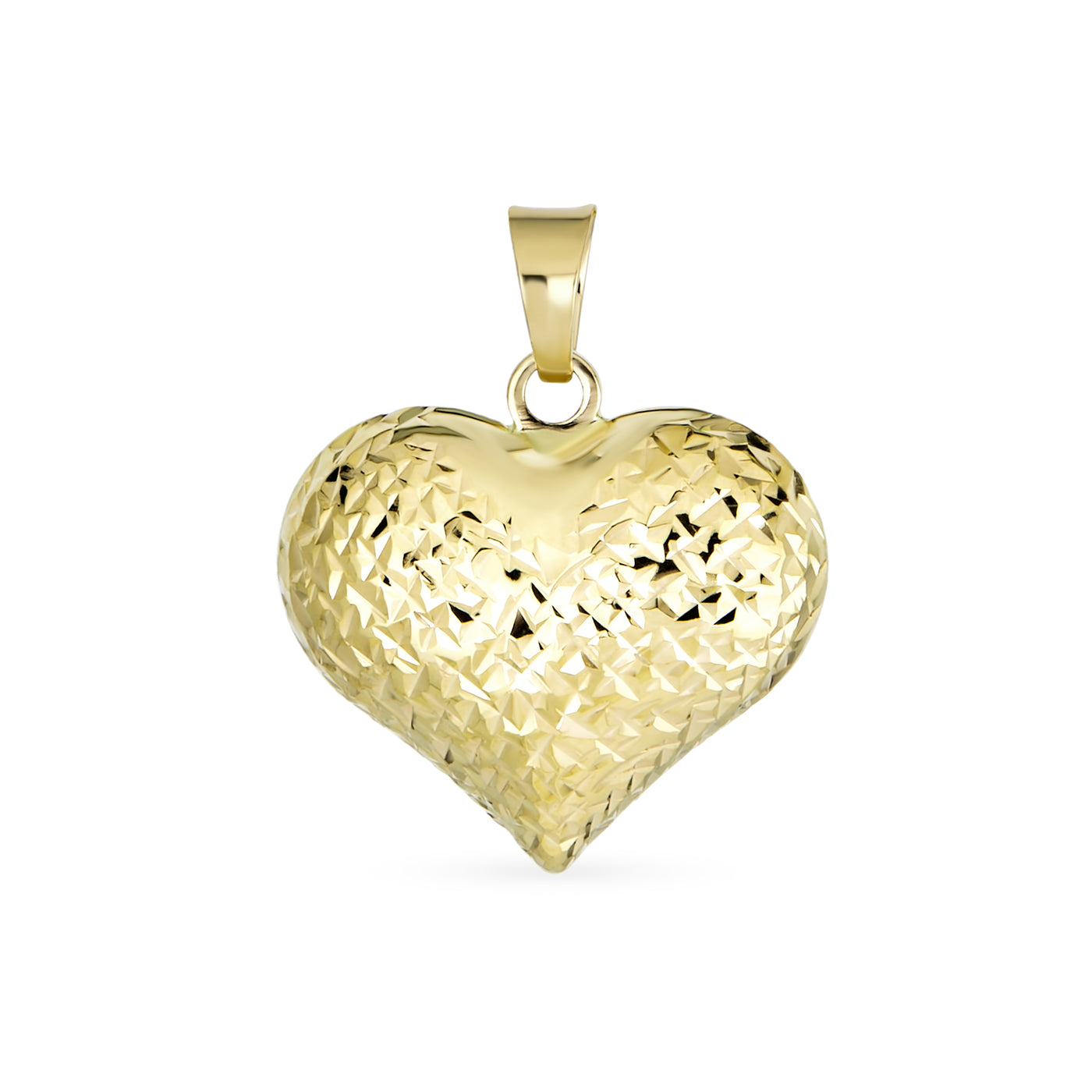 Real 14K Yellow Gold Sparkling Diamond-Cut Puff Heart Pendant