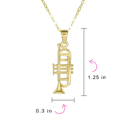 Real 14K Gold Musician Jazz Lover Trumpet Instrument Pendant Necklace - Bling Jewelry