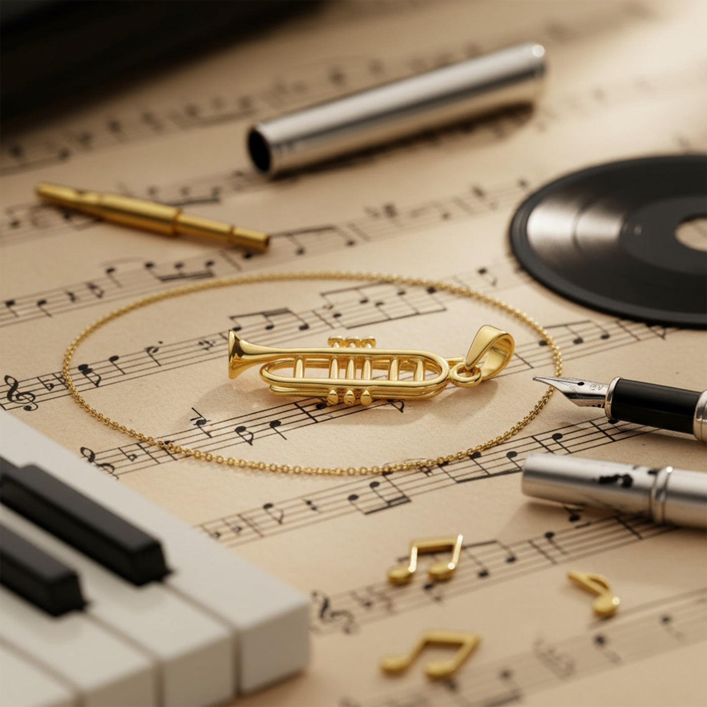 Genuine 14K Gold Trumpet Instrument Pendant Necklace for Jazz Lovers