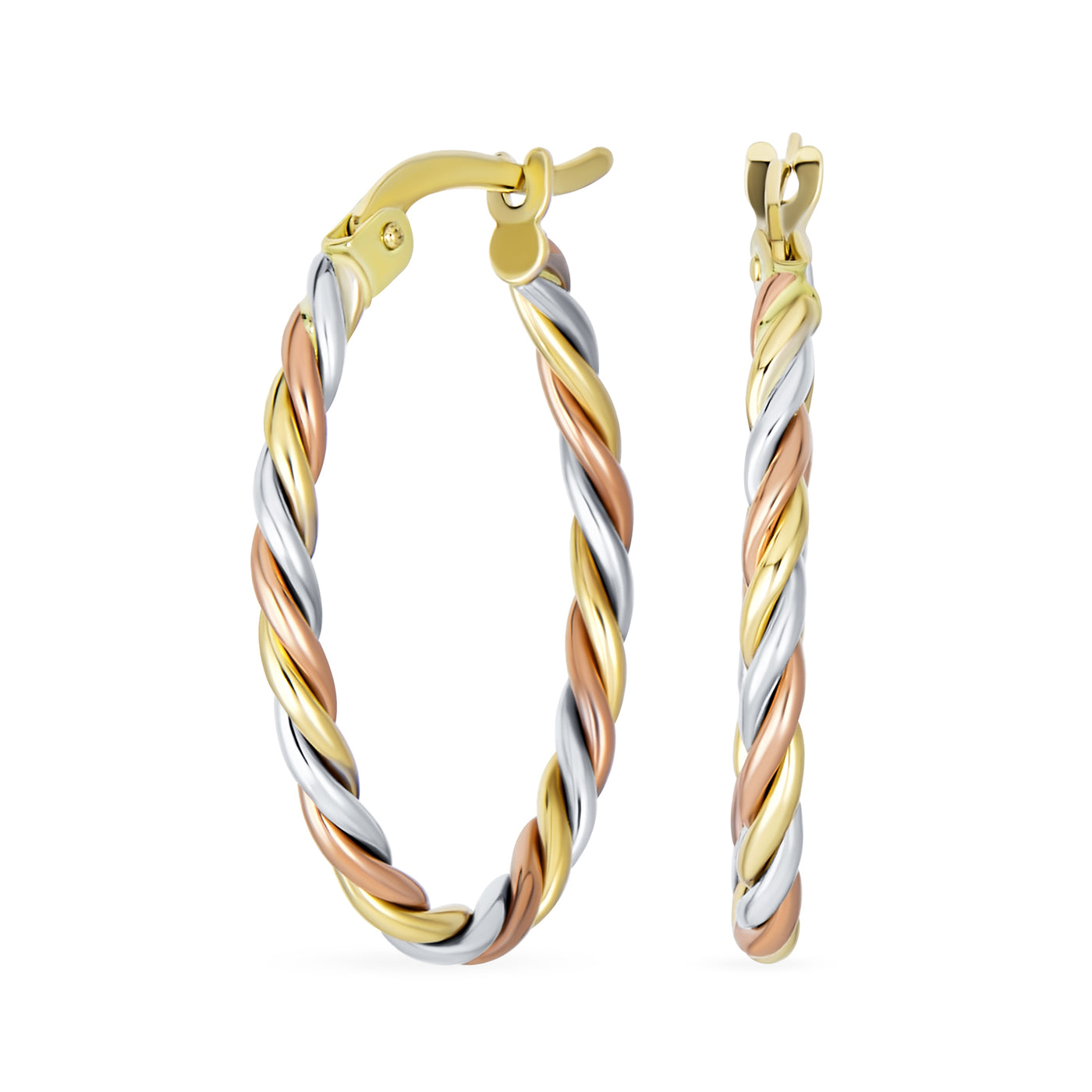 Genuine Real 14K Tricolor Gold 3 Strand Twist Cable Oval Hoop Earrings