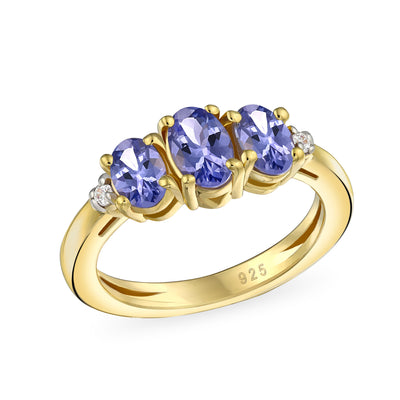 Natural Tanzanite Gemstone 3 Oval Stone Trinity Ring Gold Plated .925 Sliver