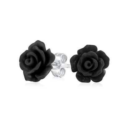 Bali Plumeria Flower Bypass Cuff Bracelet & 3D Black Rose Stud Earrings Set