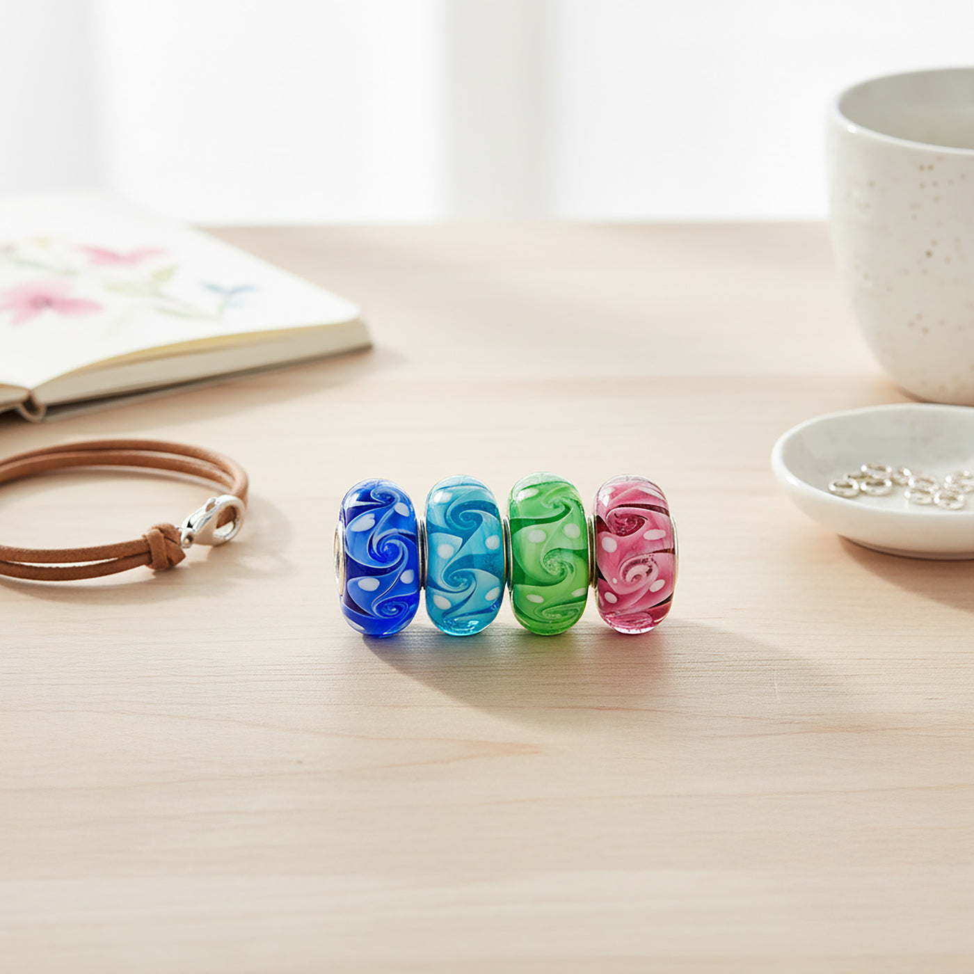 Murano Glass Charm Bead Set Multi-Color Ocean Wave Swirl Sterling Silver Fit