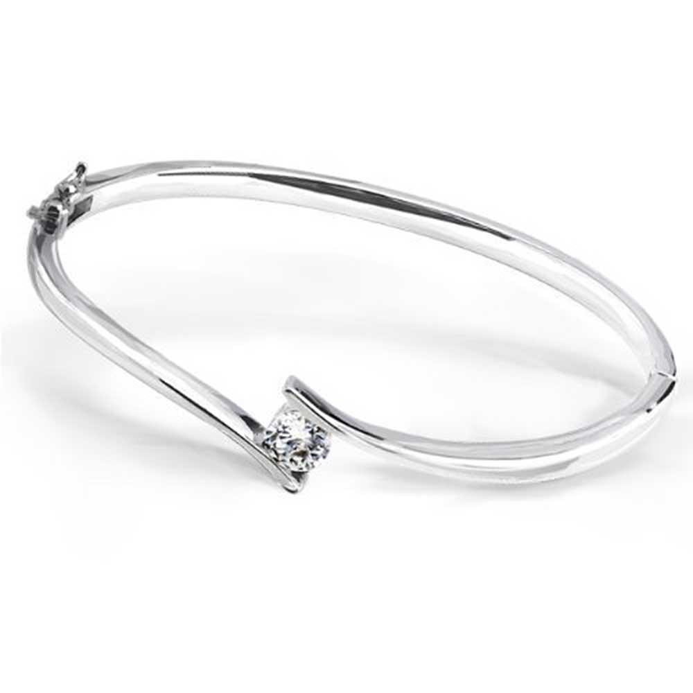 Bangle Bracelet CZ Solitaire Bypass Sterling Silver 6 75 Inch Clasp