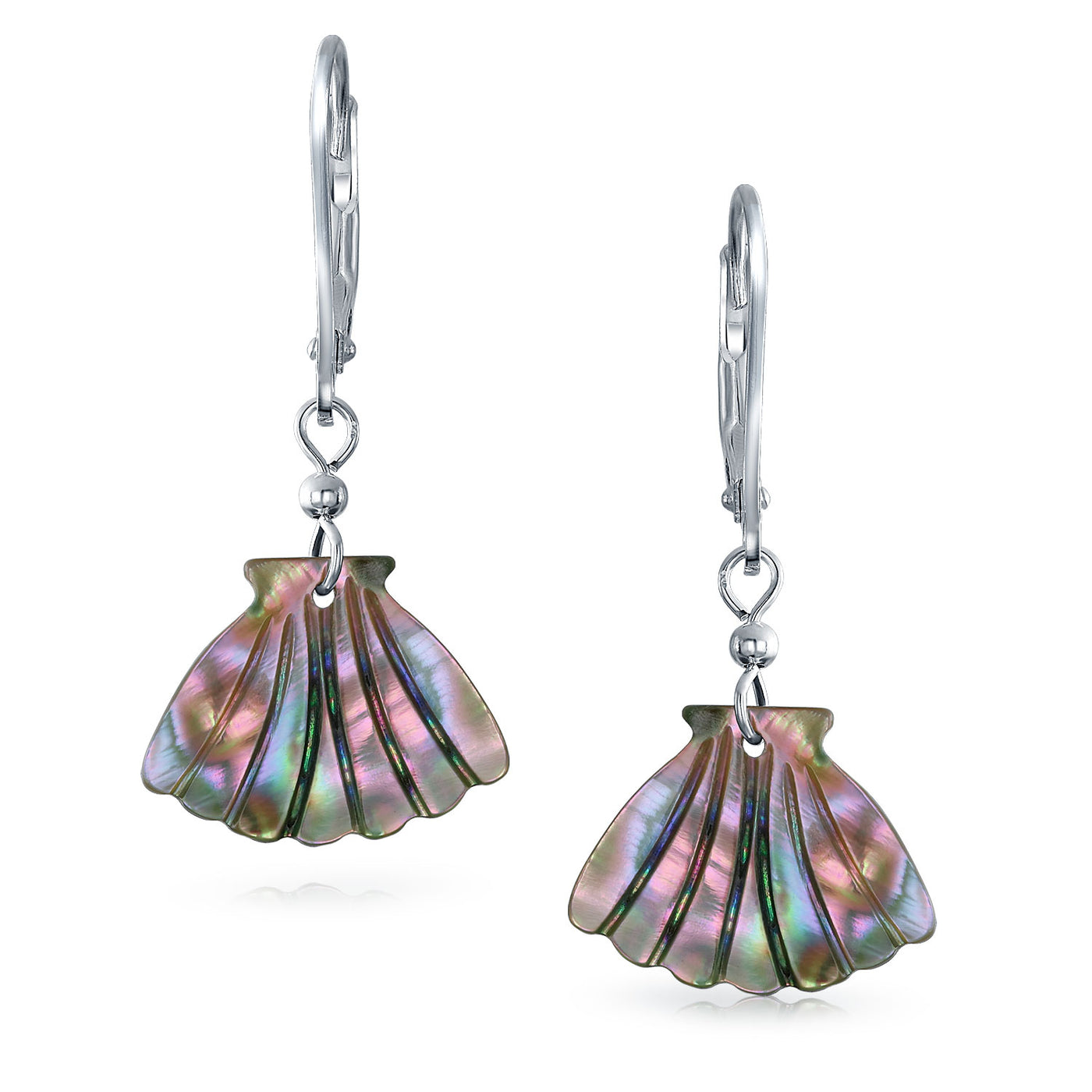 Carved Abalone Clam Dangle Lever back Earrings .925 Sterling Silver