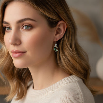 Geometric Iridescent Abalone Shell Teardrop Dangle Earrings in Sterling Silver