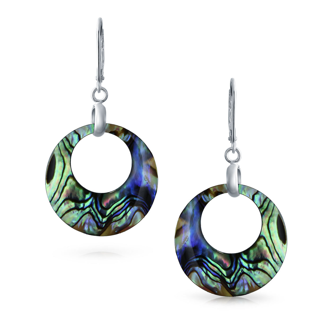 Abalone Round Open Circle Hoop Lever back Earrings Sterling Silver
