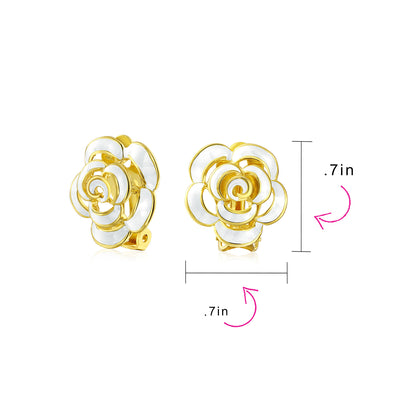 Set of 2 Fashion Enamel 3D Blue White Rose Flower Clip-On Earrings Gold Plated - Bling Jewelry