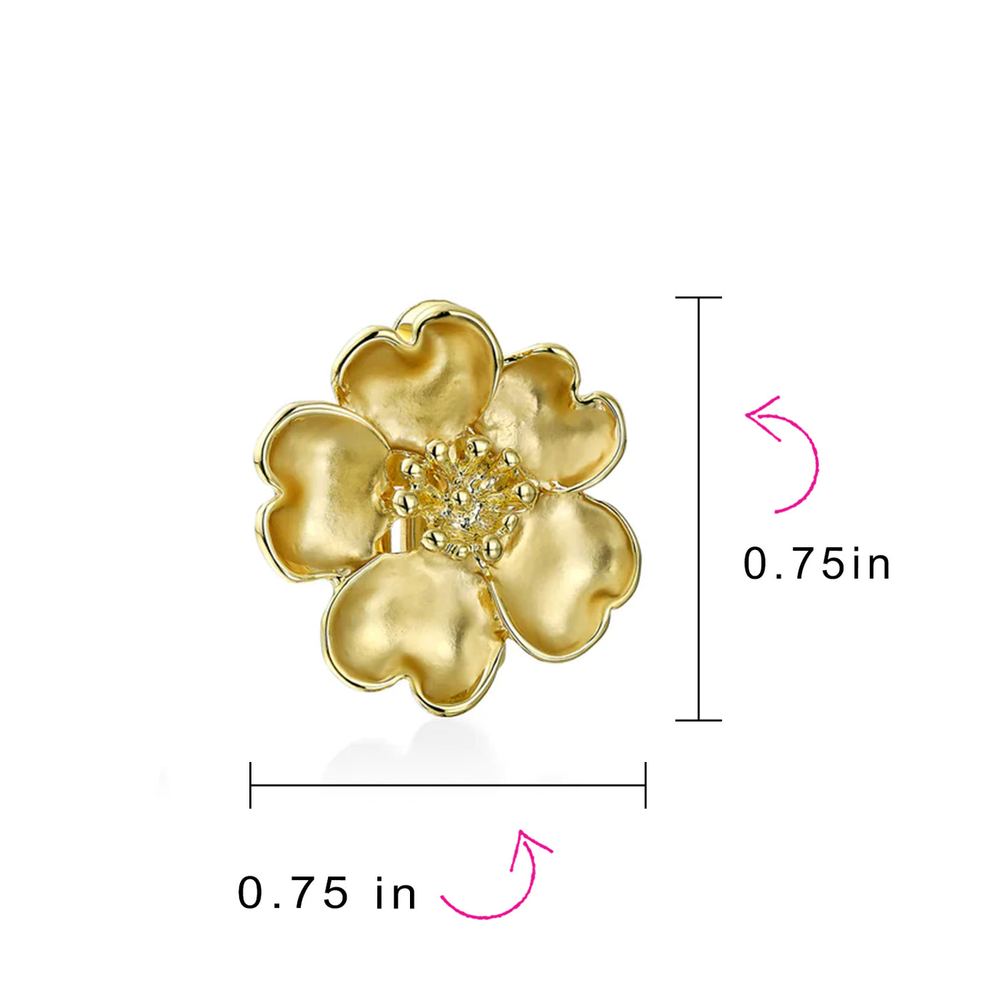 Heart Petals Flower CZ Clip On Earring Ears Matte Gold Plated Brass