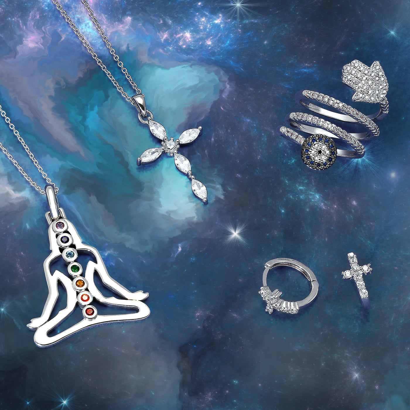 Amulet Blue CZ Hamsa Evil Eye Cocktail Statement Ring