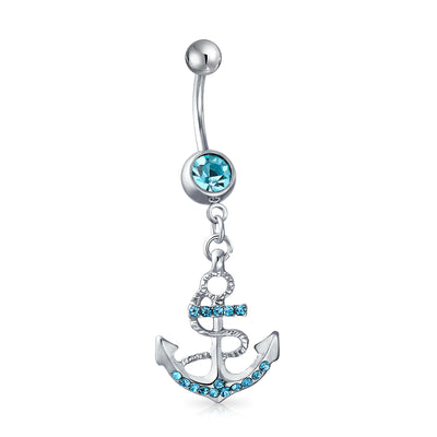 Anchor Bar Belly Ring Aqua Blue Crystal 316L Stainless Steel 14 Gauge