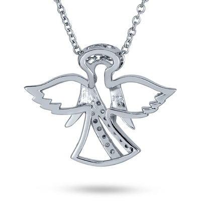 Guardian Angel Protector Pave CZ .925 Sterling Silver Pendant Necklace