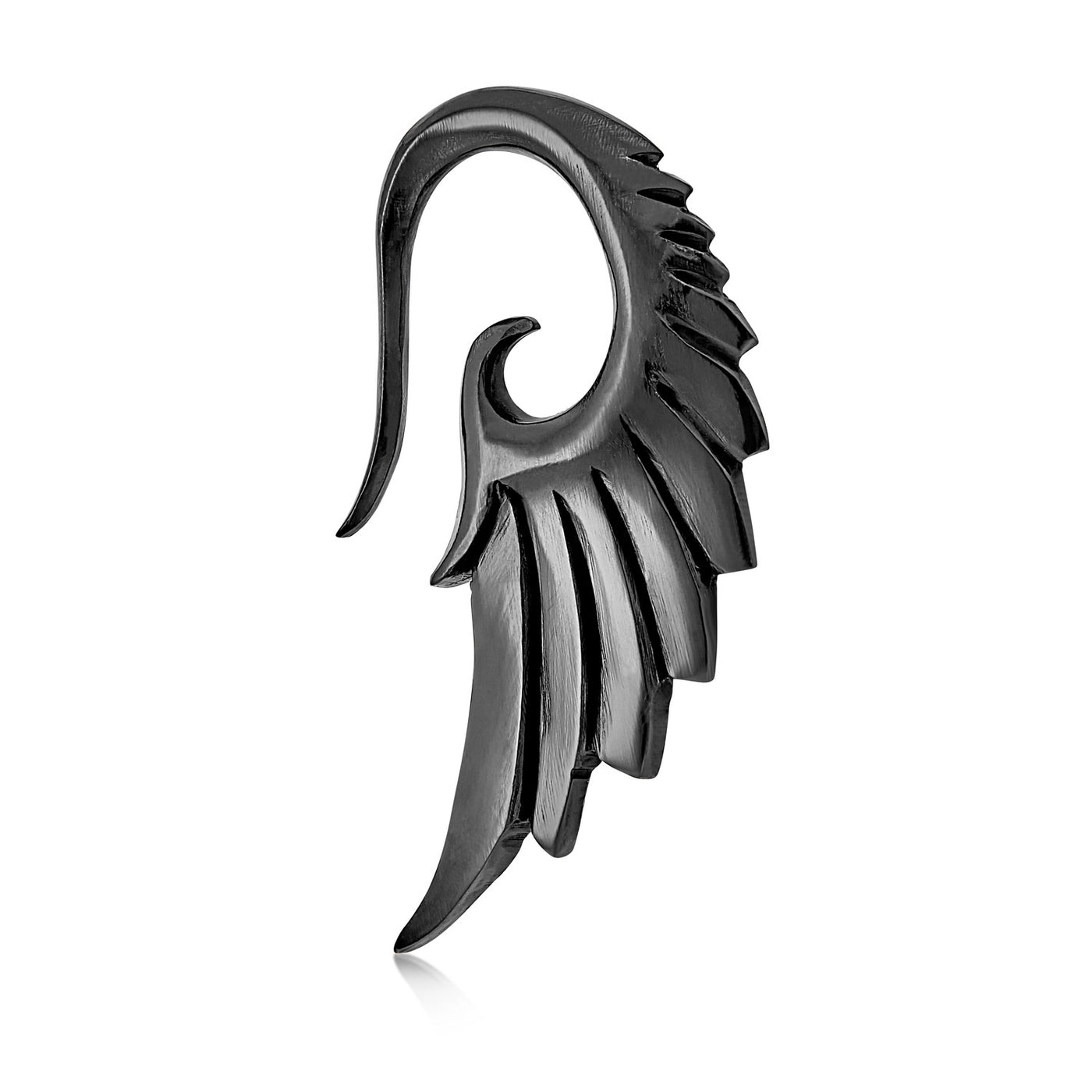 Large Angel Wing Feather Carved Black Buffalo Bone Taper Gauge Earring
