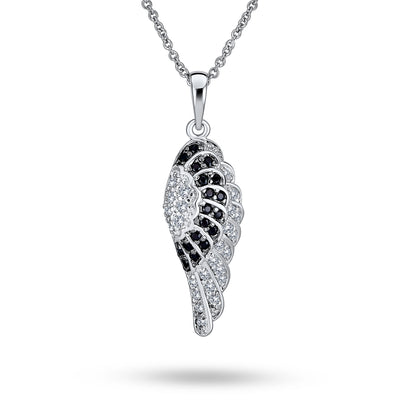 Angel Wing Black White Pave CZ Silver Plated Dangle Pendant Necklace