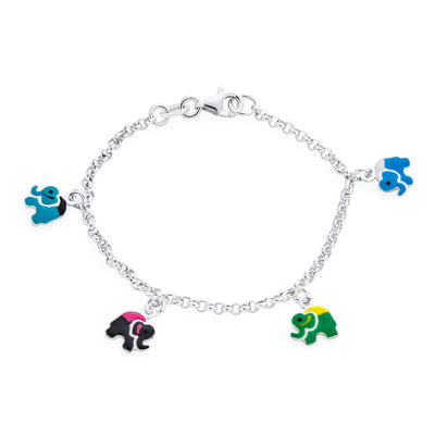 Kids Multi Color Good Luck Animal Elephant Charm Bracelet Sterling Silver 6 Inch