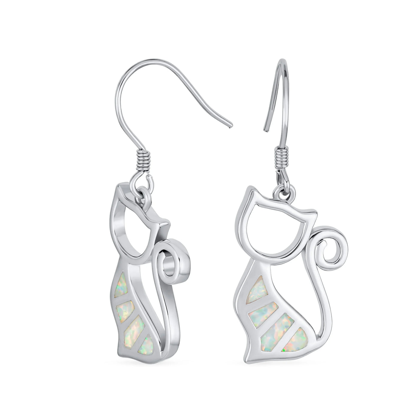 Gemstone Opal Cat Dangle Gemstone Earrings in Sterling Silver with Fish Hook - Bling Jewelry