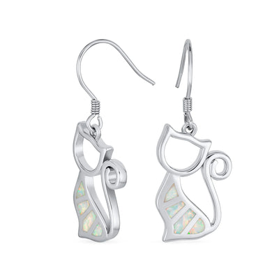 Gemstone Opal Cat Dangle Gemstone Earrings in Sterling Silver with Fish Hook - Bling Jewelry