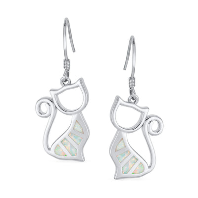 Gemstone Opal Cat Dangle Gemstone Earrings in Sterling Silver with Fish Hook - Bling Jewelry