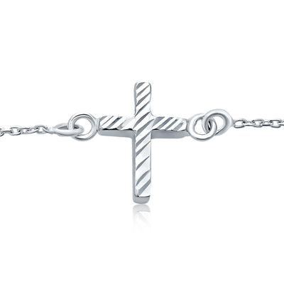 Delicate Side Ways Cross Religious Anklet Bracelet .925 Sterling Silver