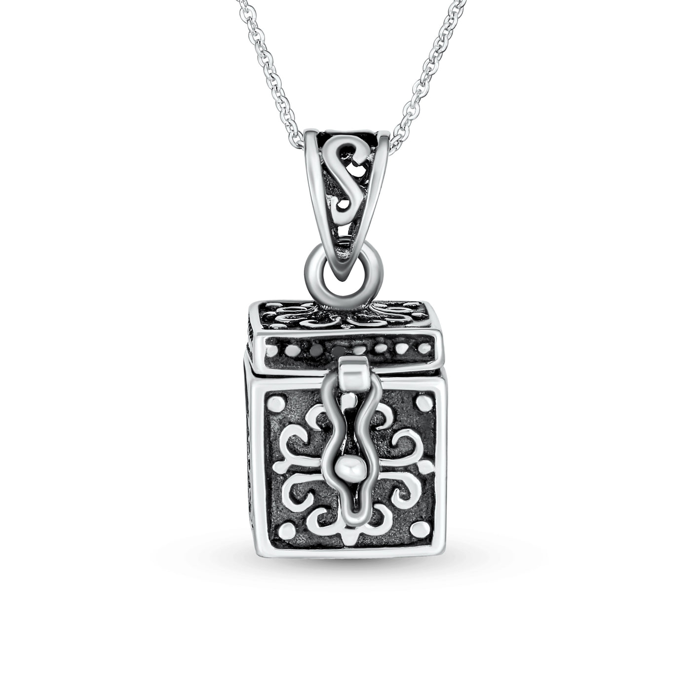 Cross Prayer Box Locket Pendant Black .925 Sterling Silver Necklace