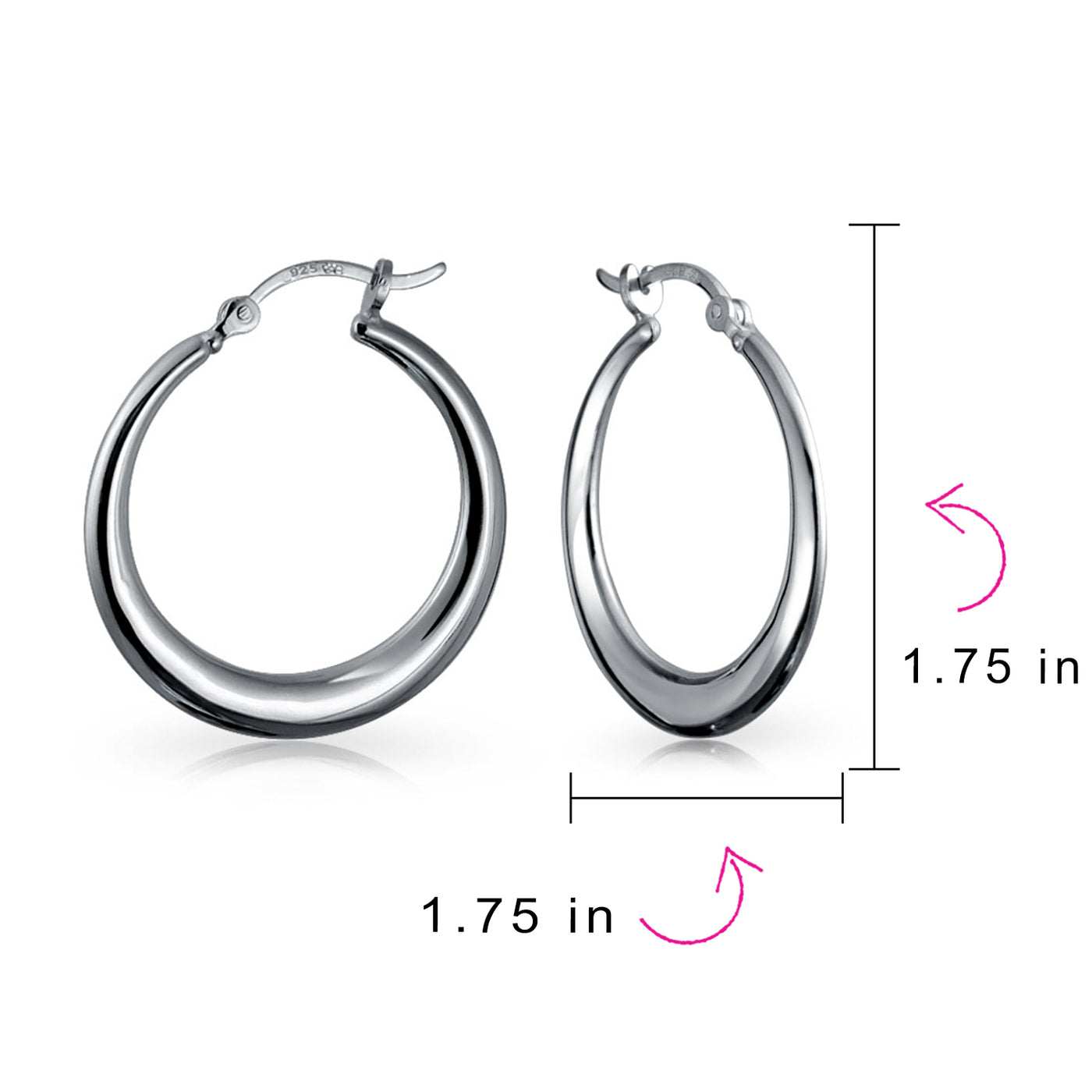 Set of 2 Tube Round 1.75" Hinged & 1" Endless Hoop Earrings Sterling Silver